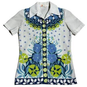 70s Boho White Button Down Shirt w/Floral Print Trim Collared -‎ Small